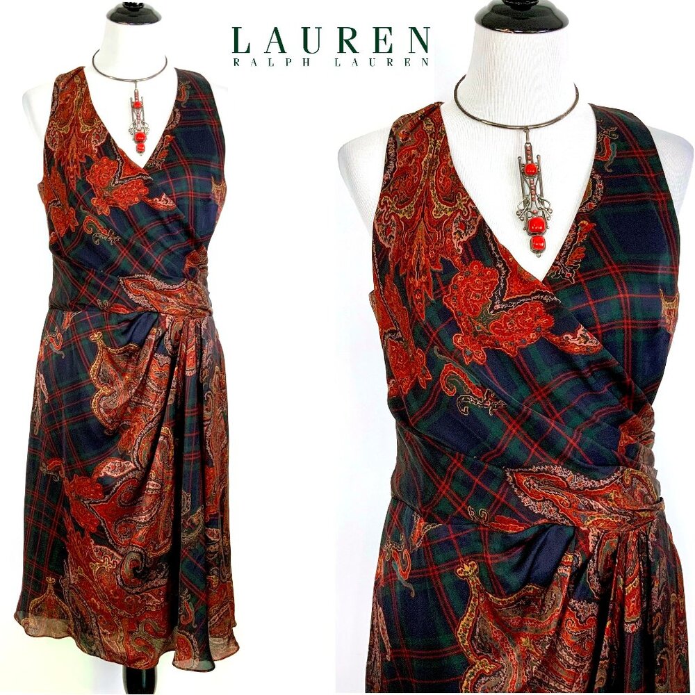 LAUREN Ralph Lauren  Silk Paisley and Plaid Faux Wrap Dress Size 10 - Picture 2 of 16